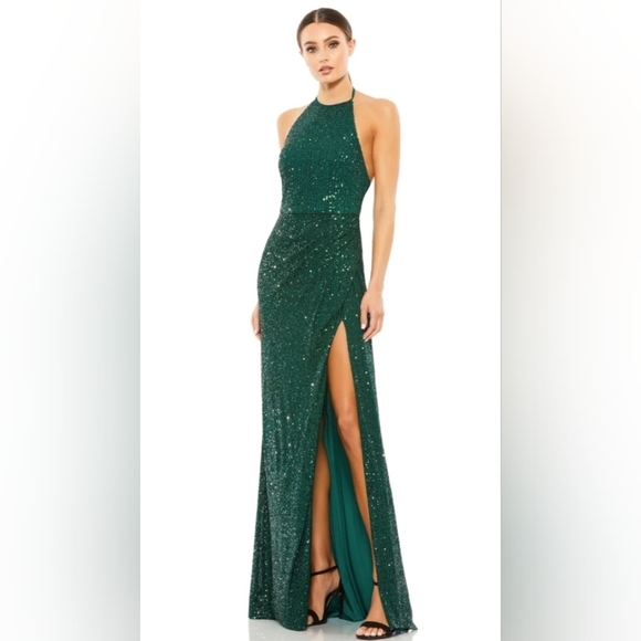 Ieena for Mac Duggal Halter Gown Bottle Green Size 2 NWT‎